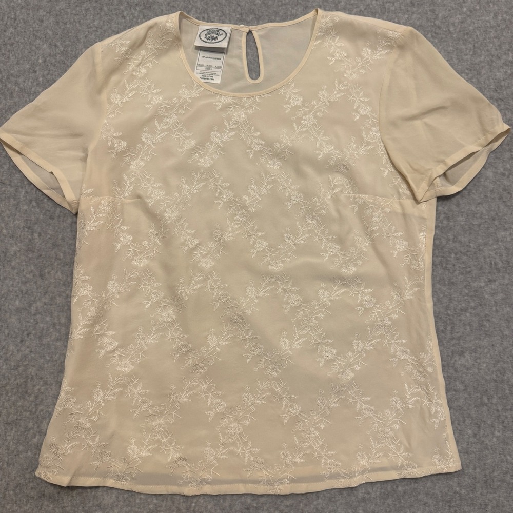 Laura Ashley Cream 100% Silk Embroidered Floral Short Sleeve Blouse Small VTG